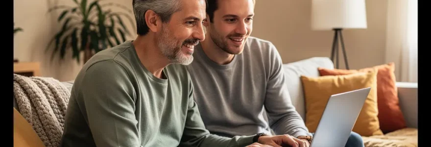 Couple trentenaire consultant un prêt immobilier sur ordinateur dans leur salon