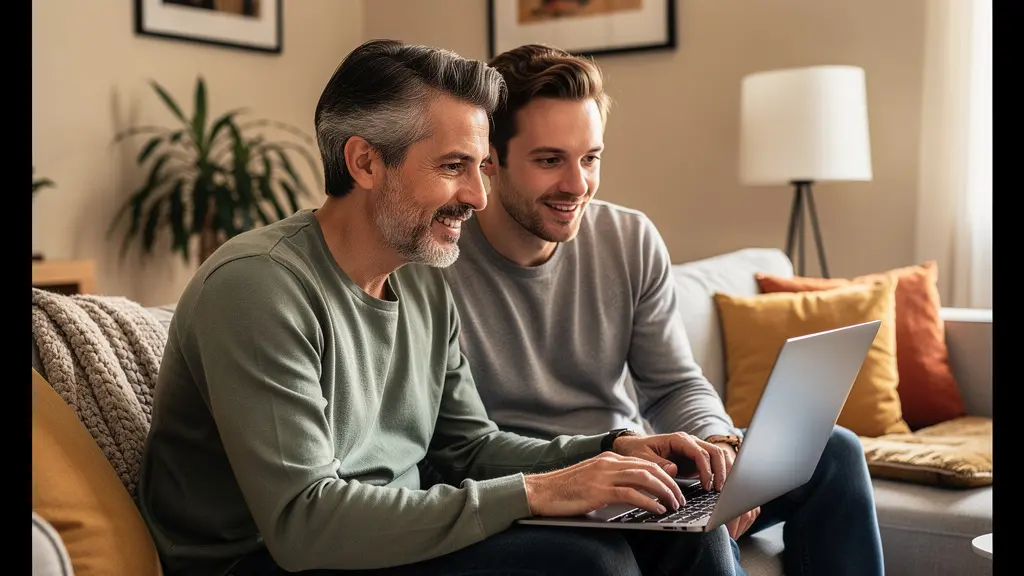 Couple trentenaire consultant un prêt immobilier sur ordinateur dans leur salon