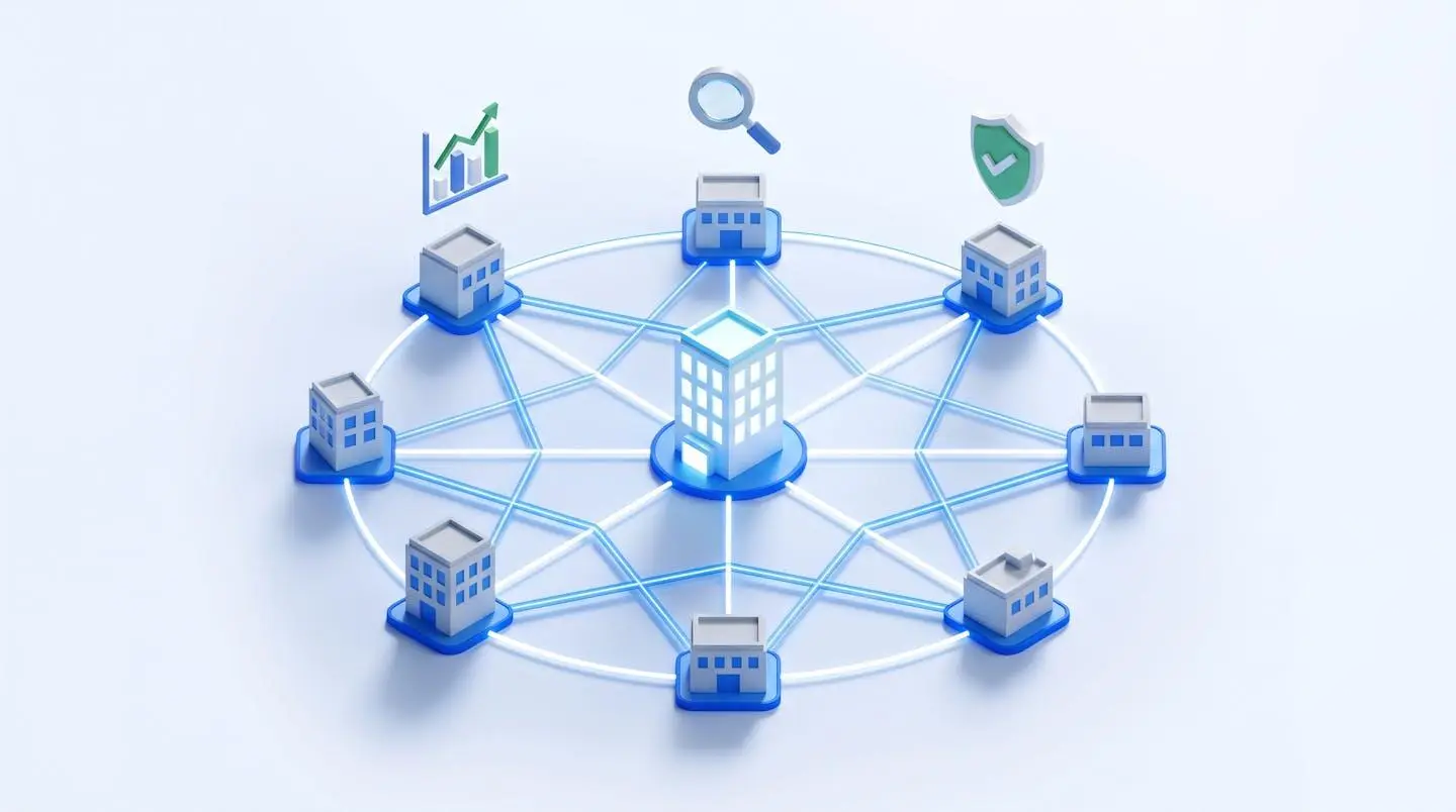 Illustration isométrique d'un réseau d'agences immobilières interconnectées par des lignes lumineuses, avec des icônes symbolisant les outils d'analyse de marché et de certification.