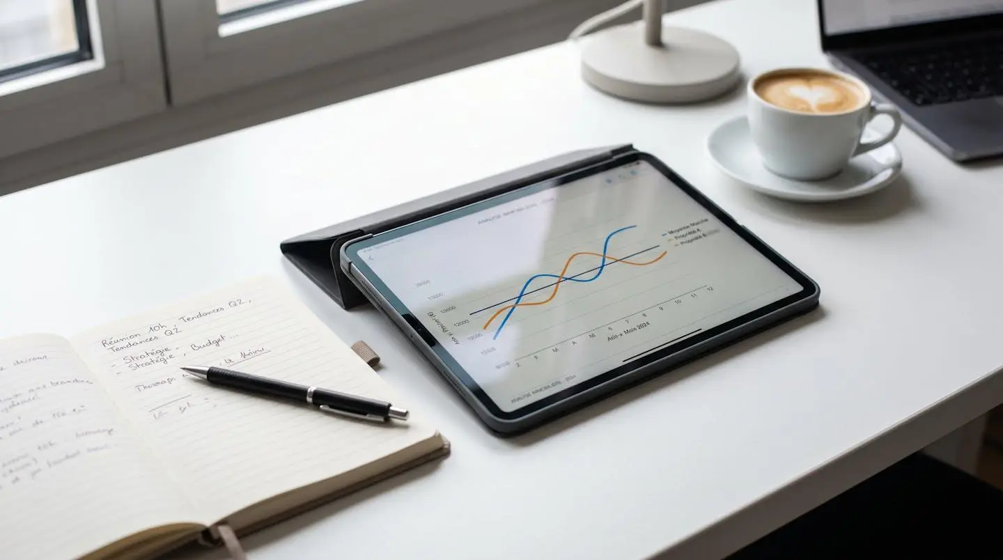 Tablette numérique affichant un graphique d'analyse de prix immobiliers, posée sur un bureau blanc avec carnet de notes et stylo, symbolisant l'analyse data-driven du marché.